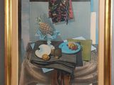 tableau représentant une table avec une assiette de nourriture et un ananas