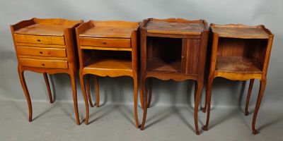 three small wooden tables with drawers and drawers on top of them