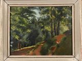 a painting of a dirt road in a wooded area with trees