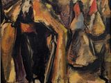 une peinture à l'huile représentant une femme avec une ombrelle et un homme avec une canne