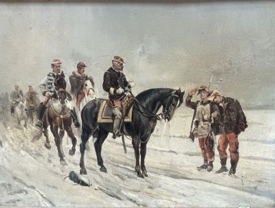 a painting of a group of men riding horses in the snow