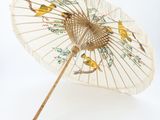 a parasol with birds painted on it on a white background