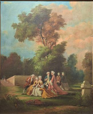 une peinture à l'huile représentant un groupe de personnes assises dans un parc
