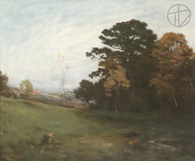 painting of a field with trees and cows grazing in the distance