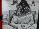 drawing of a man sitting at a table in front of a painting