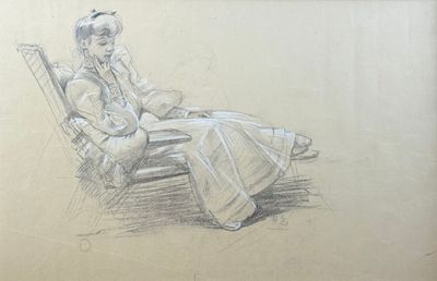 dessin représentant une femme assise sur une chaise, un téléphone portable collé à l'oreille