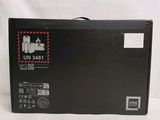 an image of a black box with a red and white sticker on it