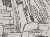 drawing of a person sitting in a chair in front of a pile of books