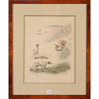 tableau représentant deux chiens poursuivant un oiseau dans un champ, avec un autre oiseau en arrière-plan