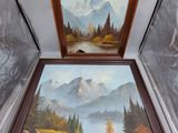 tableau représentant un paysage de montagne avec un lac au premier plan