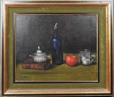 une peinture à l'huile représentant une nature morte avec une bouteille de vin et une pomme