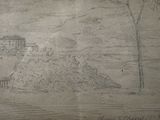 an old drawing of a castle on a hill with a tree in the foreground
