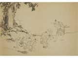 an image of a drawing of a man riding a horse next to a tree