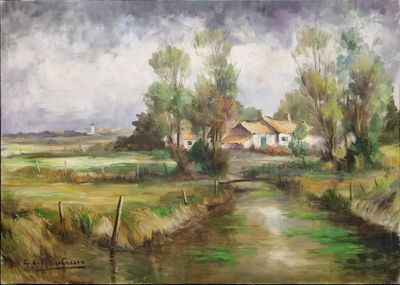 a painting of a rural scene with a stream
