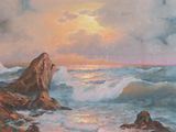 painting of a painting of a sunset over the ocean with rocks