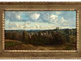 une peinture à l'huile représentant un paysage avec une vue sur une ville