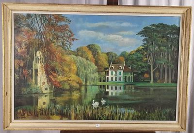 un tableau représentant une maison au bord de l'eau, avec des cygnes dessus