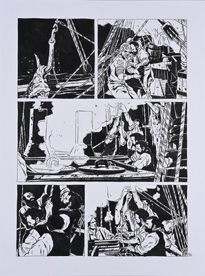 une image représentant un dessin en noir et blanc d'un homme sur un bateau