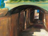 une peinture à l'huile représentant un tunnel avec le ciel en arrière-plan