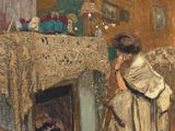 un tableau représentant une femme en train de lire un livre devant une cheminée