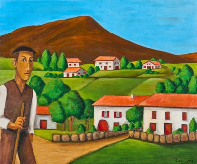 une peinture à l'huile représentant un homme marchant sur un chemin de terre, un bâton à la main