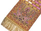 yellow, pink, and purple table runner with a paisley design and fringes