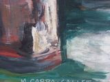 a painting of a red and white boat in the water