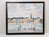 painting of a painting of people walking on a pier by a body of water