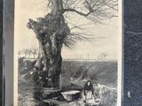 an old picture of a woman sitting on a bench under a tree