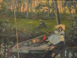 a painting of a woman sitting in a boat on the water
