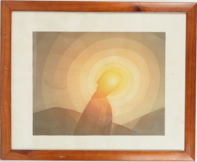 painting of a person standing in front of a sun with a mountain in the background