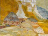 une peinture à l'huile représentant un paysage désertique avec un village au loin