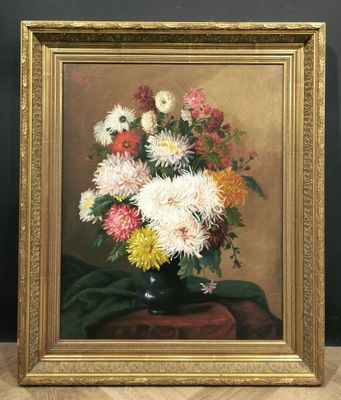 an oil painting of a vase of flowers on a table