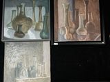 three paintings of vases and a vase on a black background