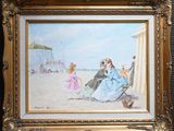 painting of a woman and child on the beach in a gold frame