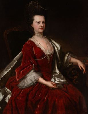 a painting of a woman in a red dress sitting on a chair