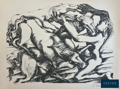 an image of a black and white drawing of a man on a horse