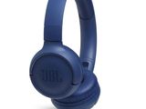 the jbl headphones are blue and have a built in microphone