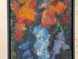 a painting of flowers in a blue vase on a table
