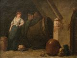 tableau représentant une femme assise sur un rebord, à côté d'un tonneau et d'un chat
