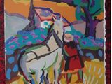 an image of a painting of a man and a horse in a field