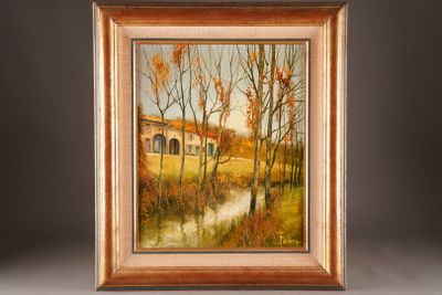 an oil painting of a house in a field with trees in the foreground