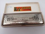 a close up of a harmonica in a box on a table