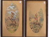 two framed pictures of a man on a horse and a dog