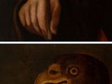 painting of a man holding a knife and a bird in his hand