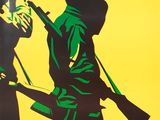 painting of two men with guns and a bird on a yellow background