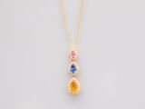 a yellow gold necklace with a multi colored stone pendant