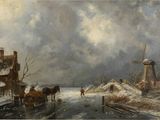 painting of a winter scene with a windmill and horse drawn sleigh