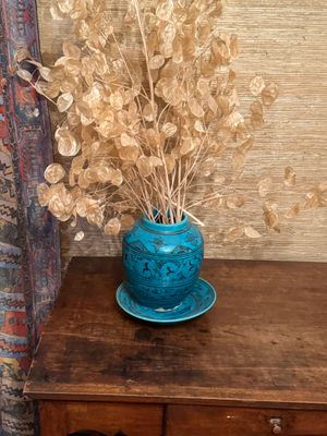 Vase et coupelle à glaçure turquoise