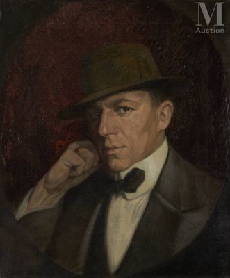 portrait of a man in a suit and hat with his hand on his chin